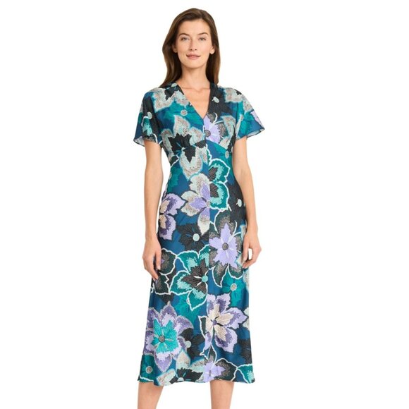 🌸Bold Teal Floral | Maggy London Charmeuse Midi | NWT Size 16🌸 - Picture 1 of 3